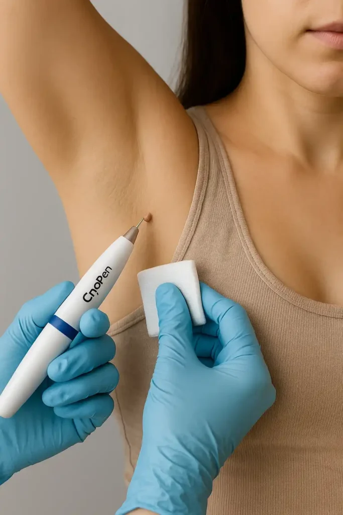 woman having cryopen to remove underarm skin tags Altrincham