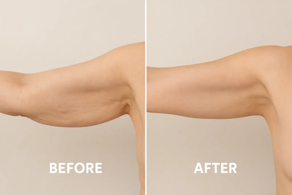 Picture of LA LIPO Altrincham before and after results of skin tightening treatment on the upper arms.
