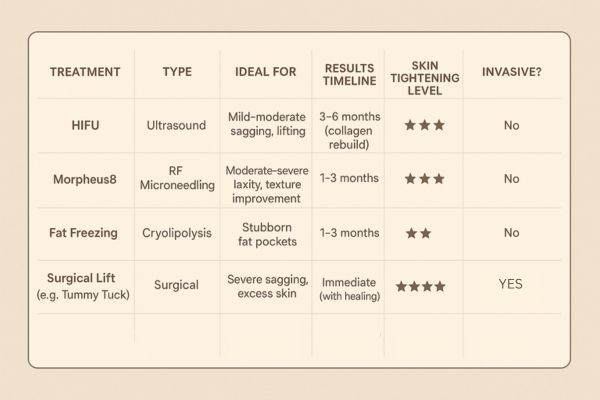 Table showing the comparisons of Skin tightening Altrincham treatment options.